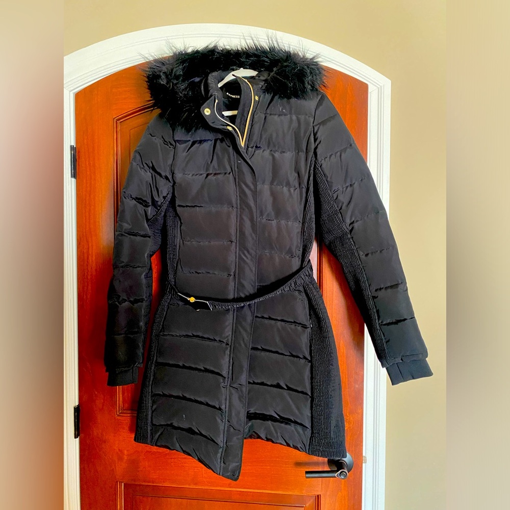Express Black Puffer Jacket with Fur Hood